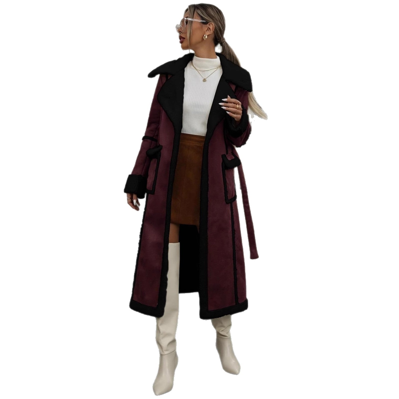 Long Lamb Wool Coat With Integrated Fur And Fleece Lining
