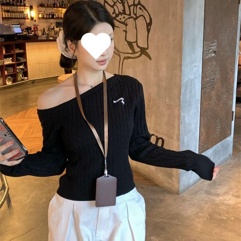 New Korean-style Sweet-and-cool Sister Embroidered Off-shoulder Long-sleeve Knit Top