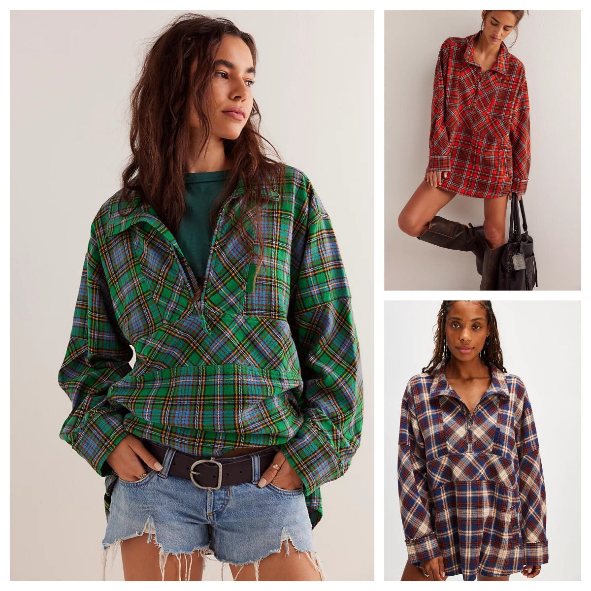 Women's Half-zip Flip Collar Loose Pocket Plaid Long Sleeve Shirt