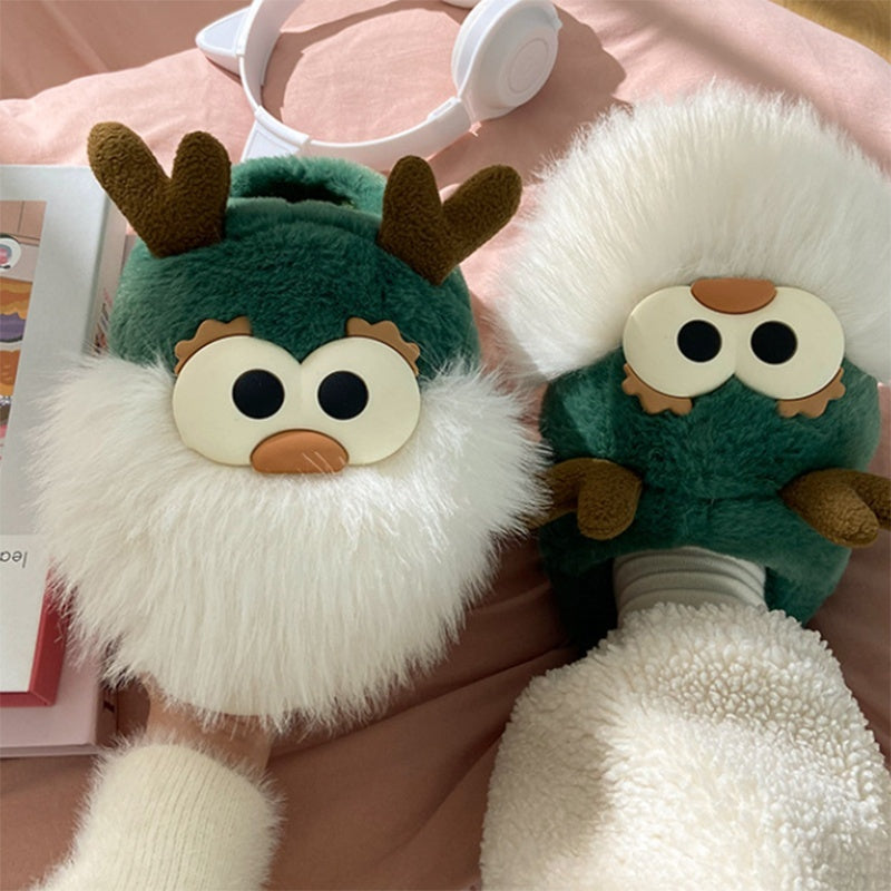 Whimsical Reindeer Santa Claus themed Green and White Slippers