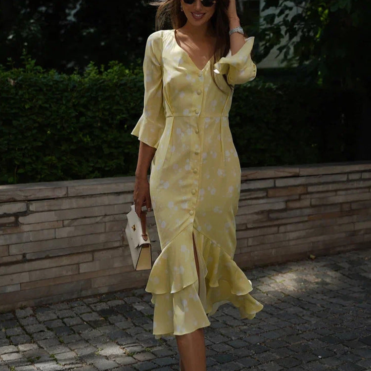 Asymmetric V-Neck Delicate Floral Dress with Breezy Flared Sleeves
