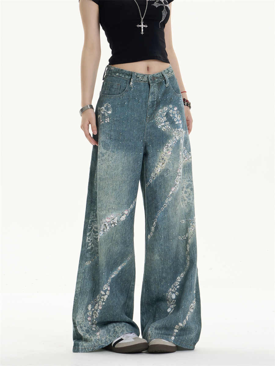 Jeans leg lebar bowknot cetak dengan twist feminin