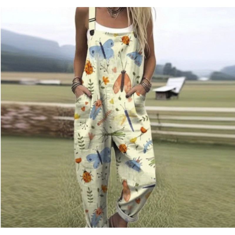 Women's Summer Digital Printing Button Casual Suspender Trousers