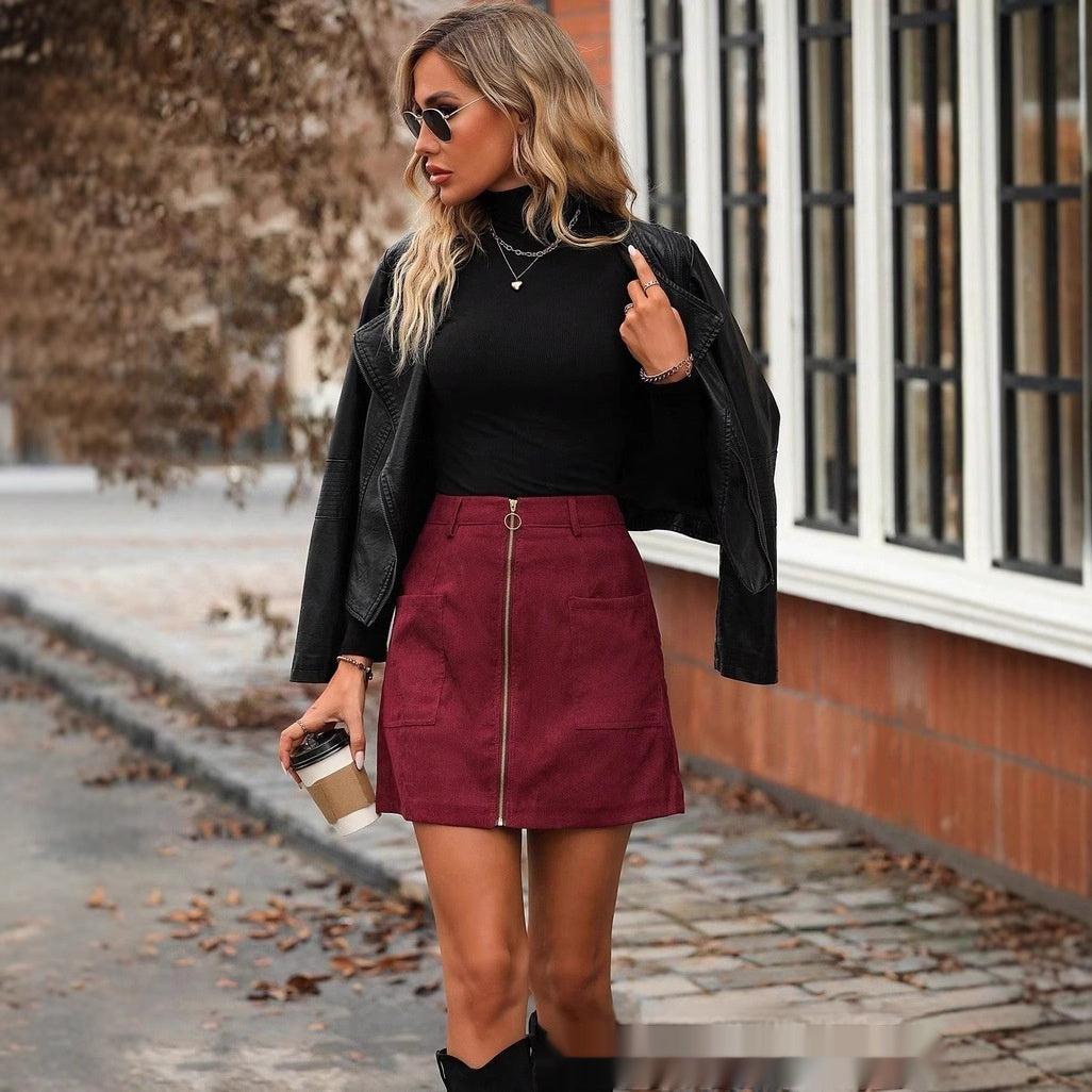 High-Waist Zipper Mini Skirt With Bold Stitched Design