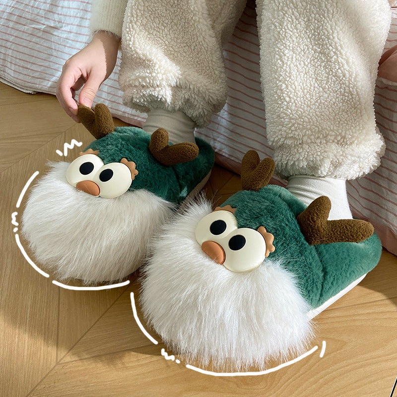 Whimsical Reindeer Santa Claus themed Green and White Slippers