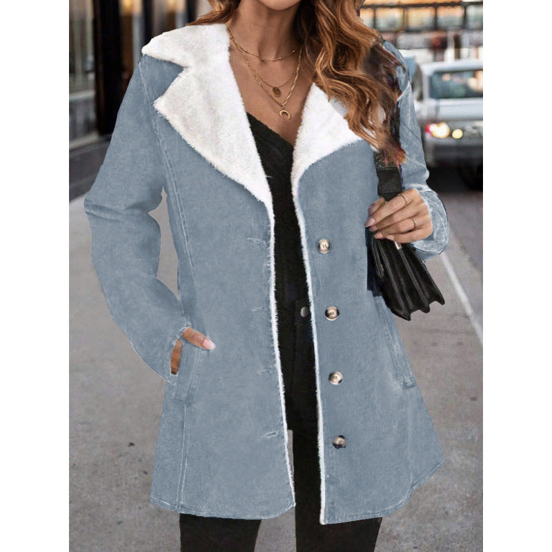 Women's Solid Color Plush Lapel Mid-length Coat
