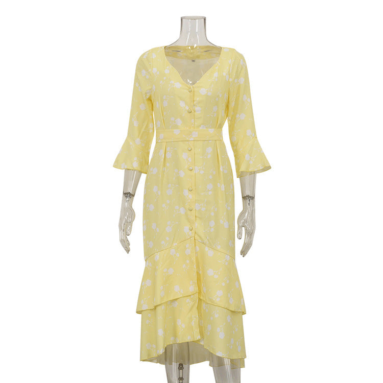 Asymmetric V-Neck Delicate Floral Dress with Breezy Flared Sleeves
