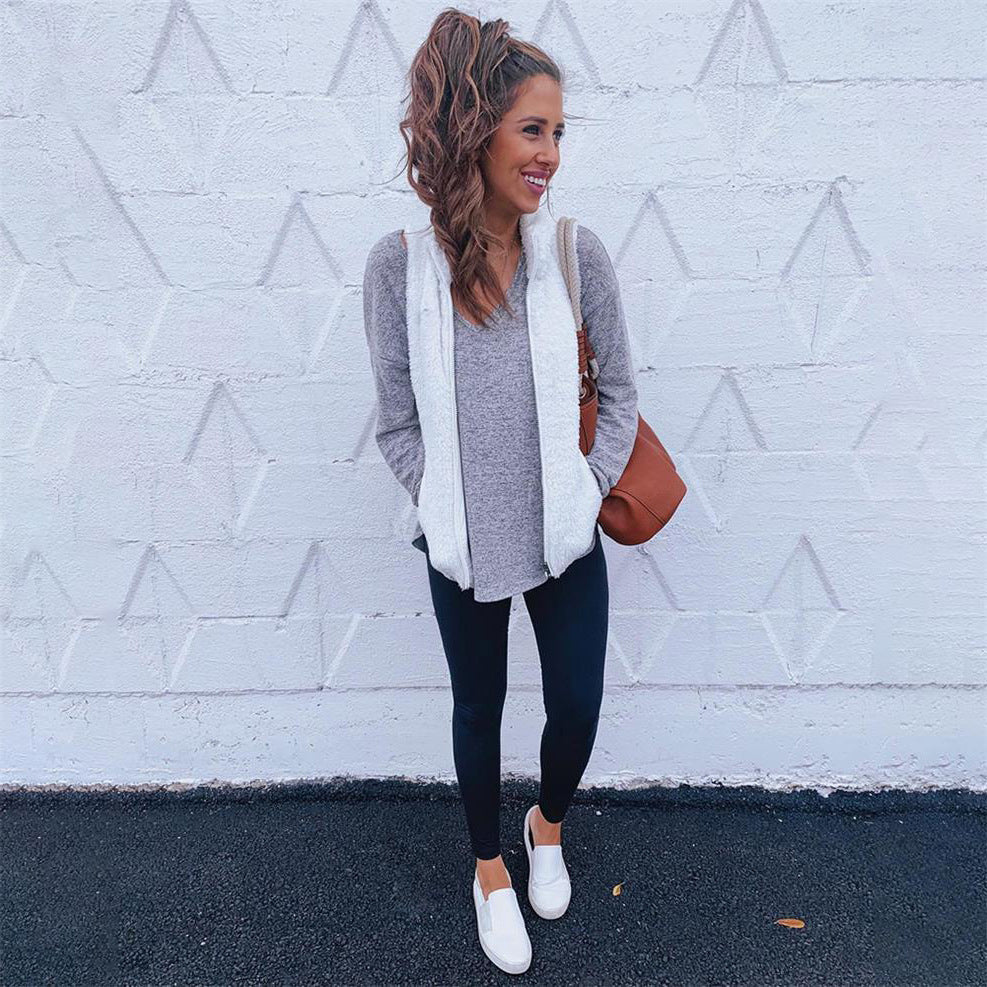 Women's Pocket Zipper Top Plush Vest