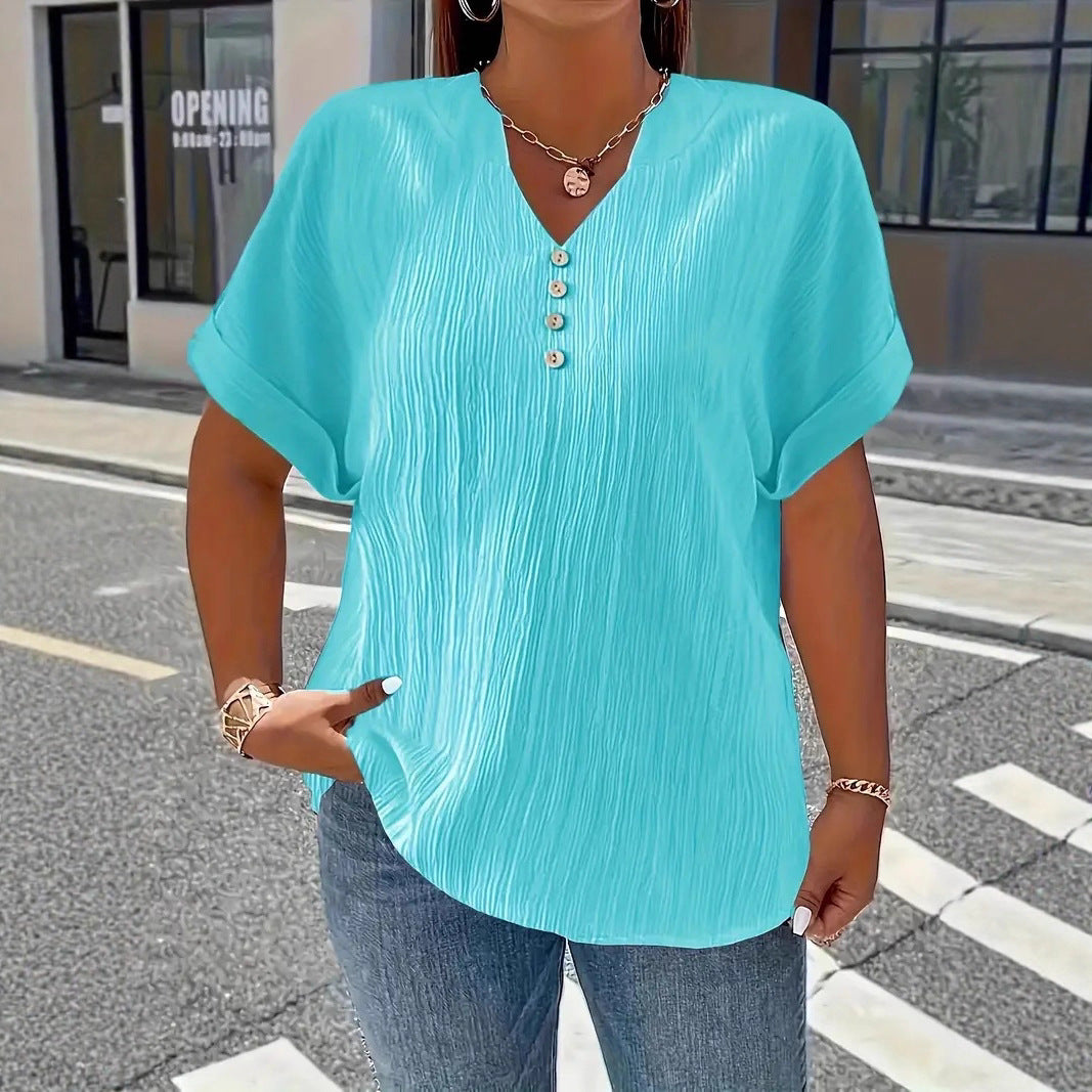 Summer Casual Women's Clothing Small V-neck Short-sleeve Top