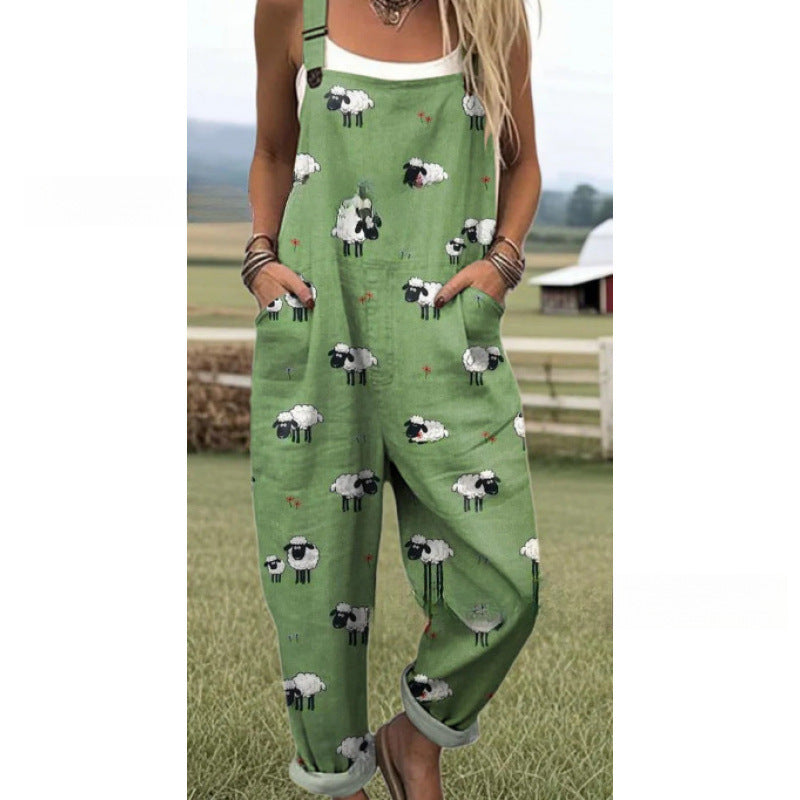 Women's Summer Digital Printing Button Casual Suspender Trousers