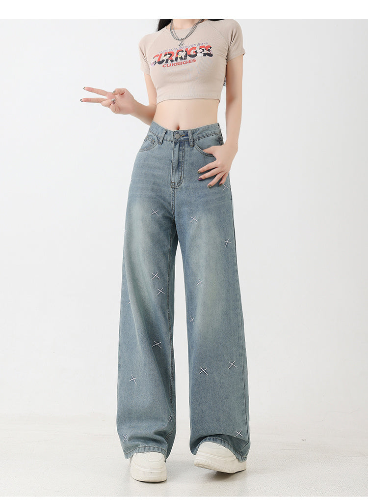 Jeans de perna larga bordados tencel para mulheres