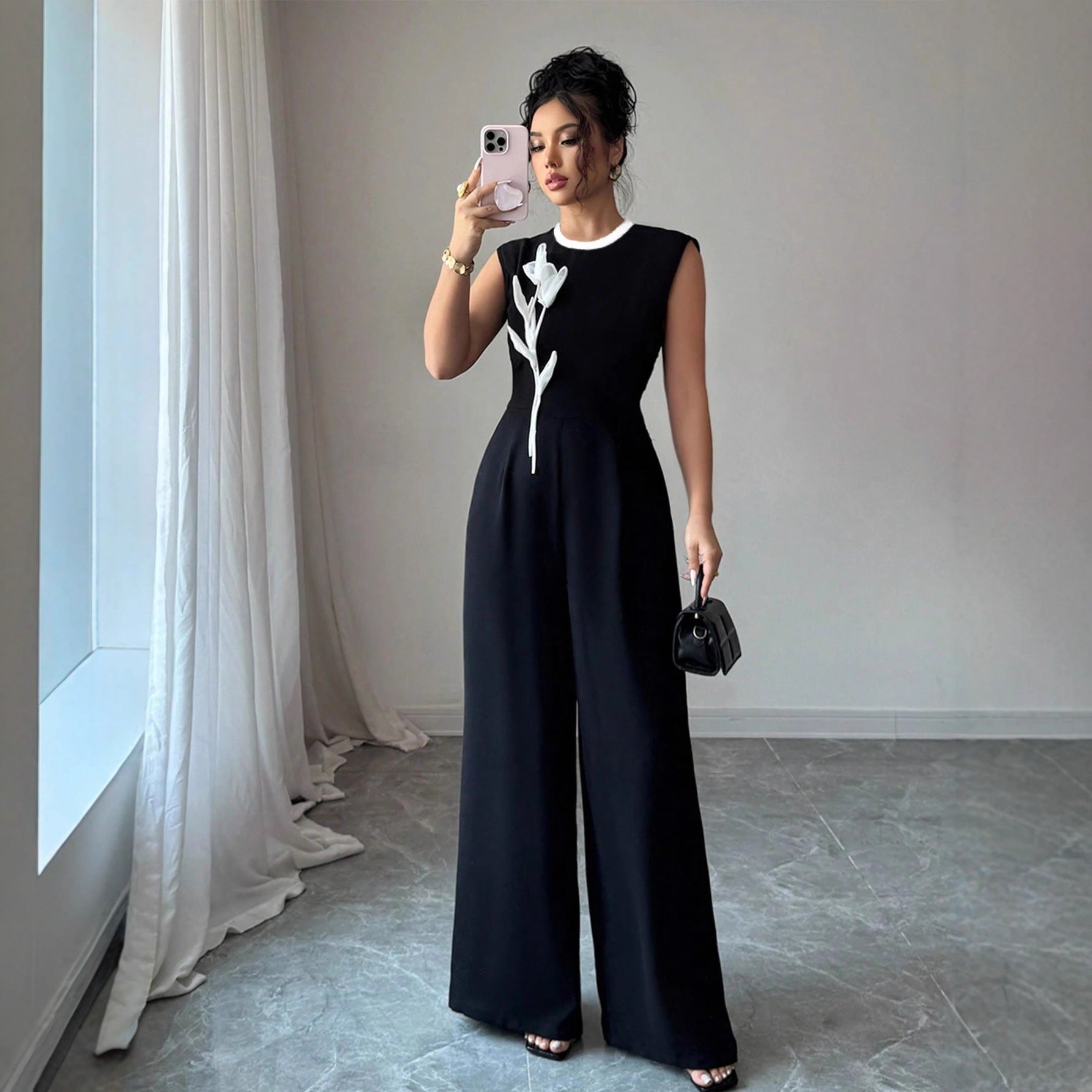 Elegant Embroidered Black Crew-Neck Sleeveless Wide-Leg Jumpsuit