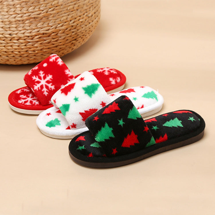 Multicolor Christmas Themed Fleece Open Toed House Shoes