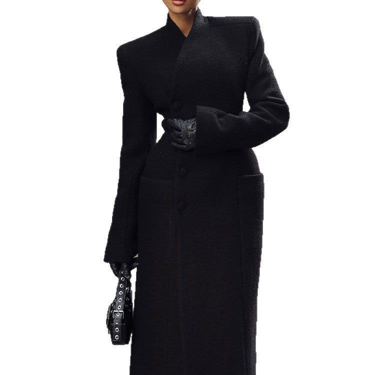 Tailored Shoulder-Padded Waist-Cinching Long Wool Coat For Women