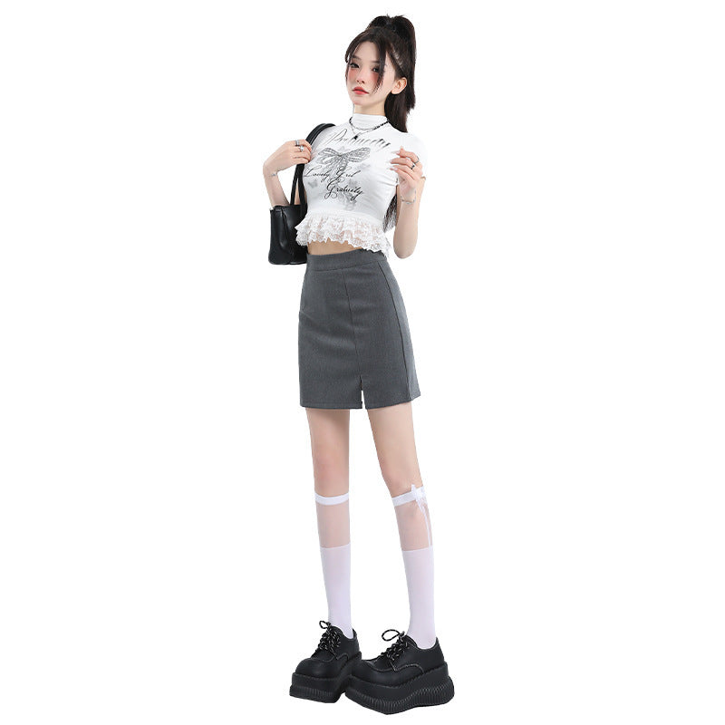 High Waist Gray Slit Skirt With Anti Exposure Design