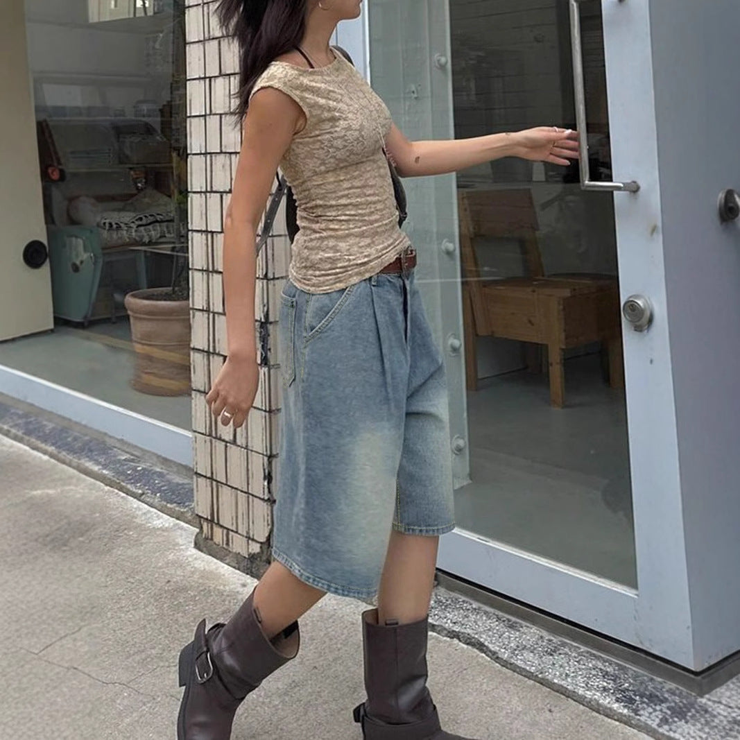 Pantaloncini di jeans a gamba larga retrò con fascino sciolto