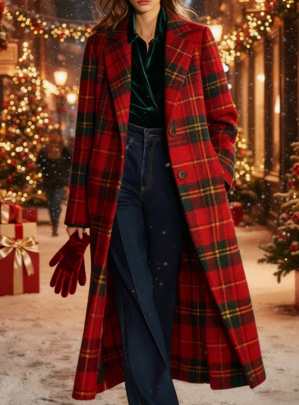 Plaid Casual Long Wool Coat