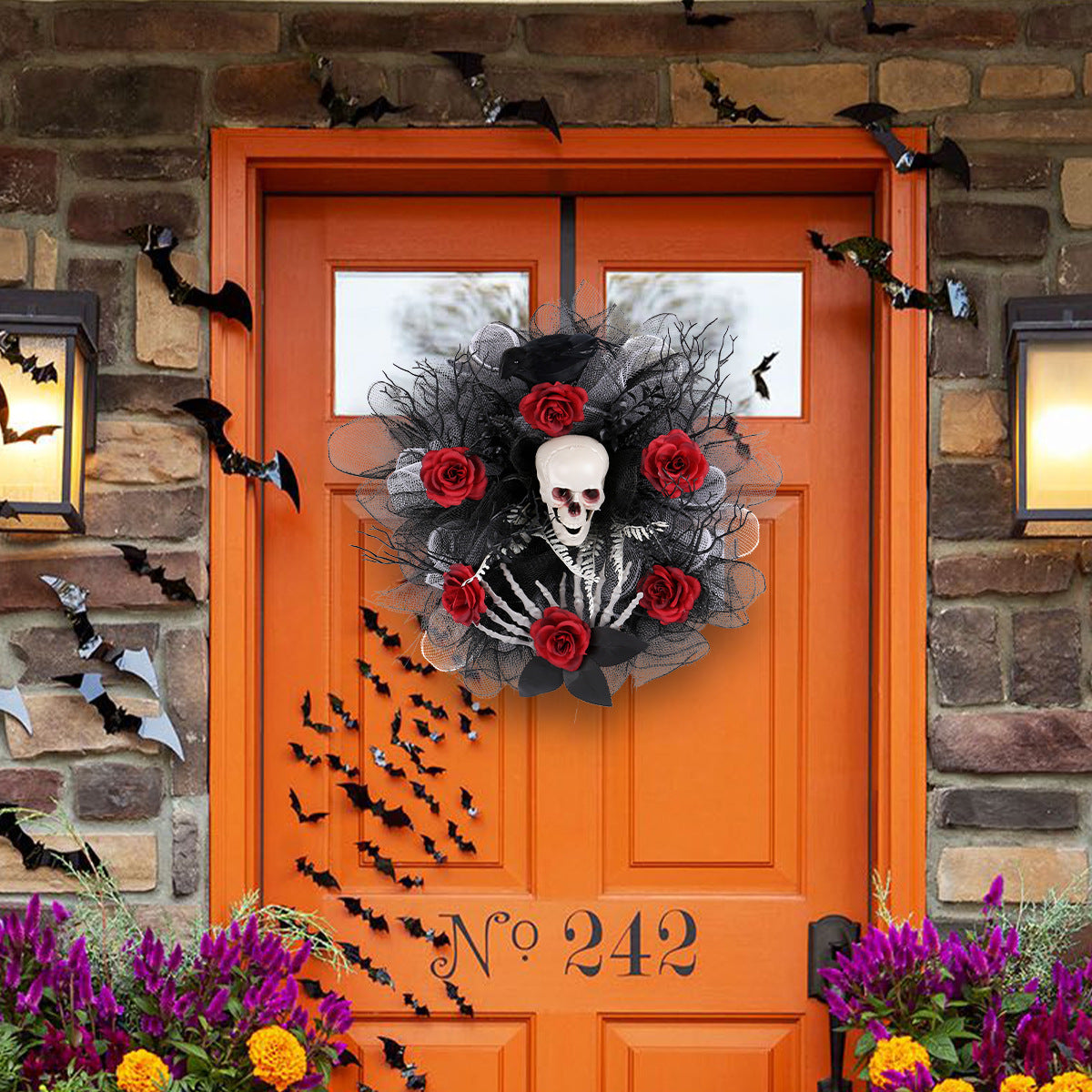 Skull and Roses Halloween Style Wreath in Red, Black and Gray