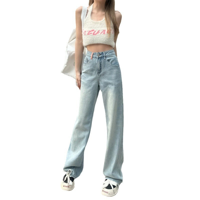 Light Blue Summer Washed Wide-Leg Floor-Length Jeans