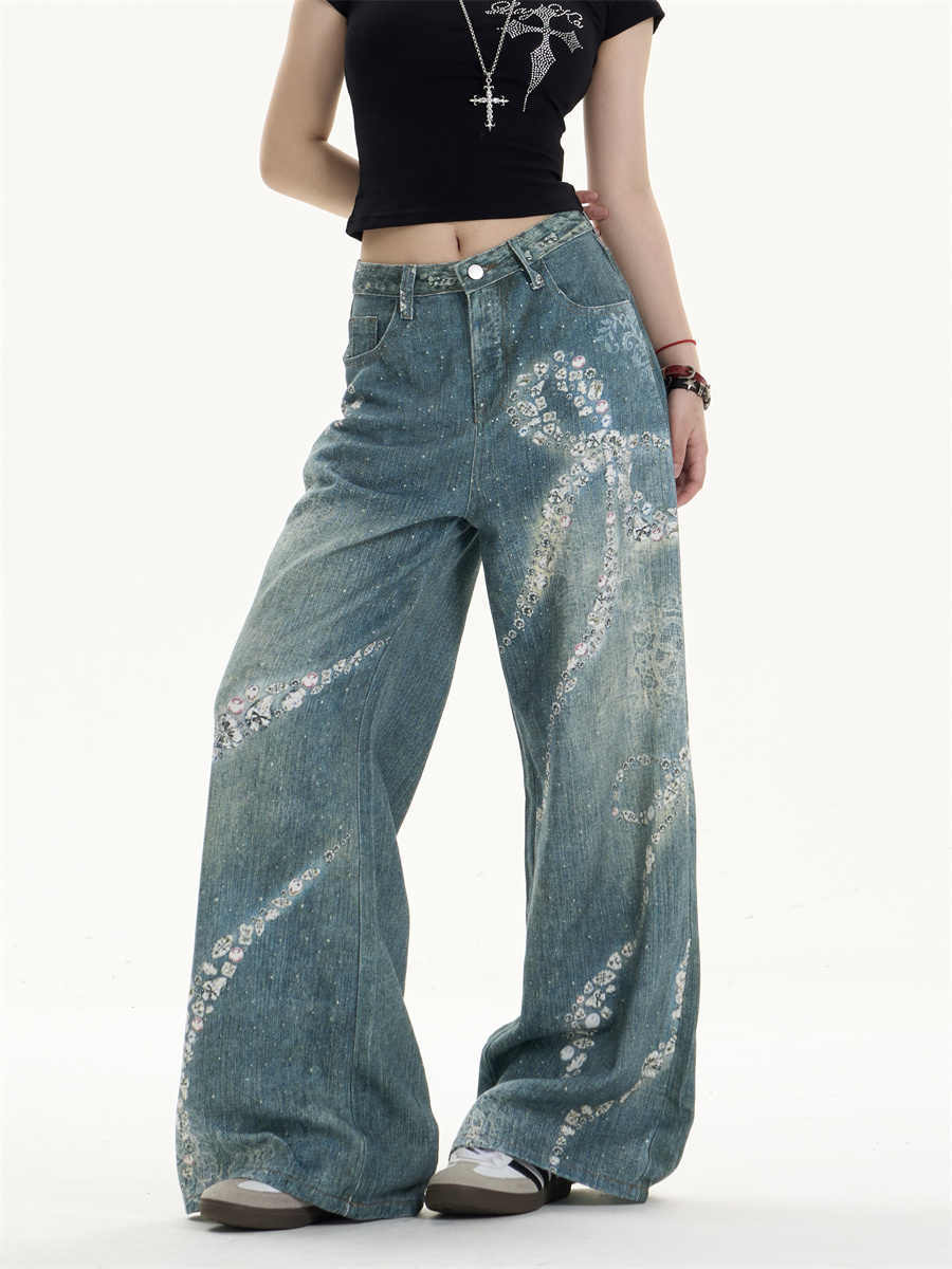 Jeans leg lebar bowknot cetak dengan twist feminin