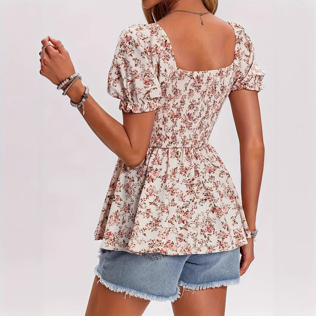 Women's Casual Square Neck Smocked Floral Vacation Blouse