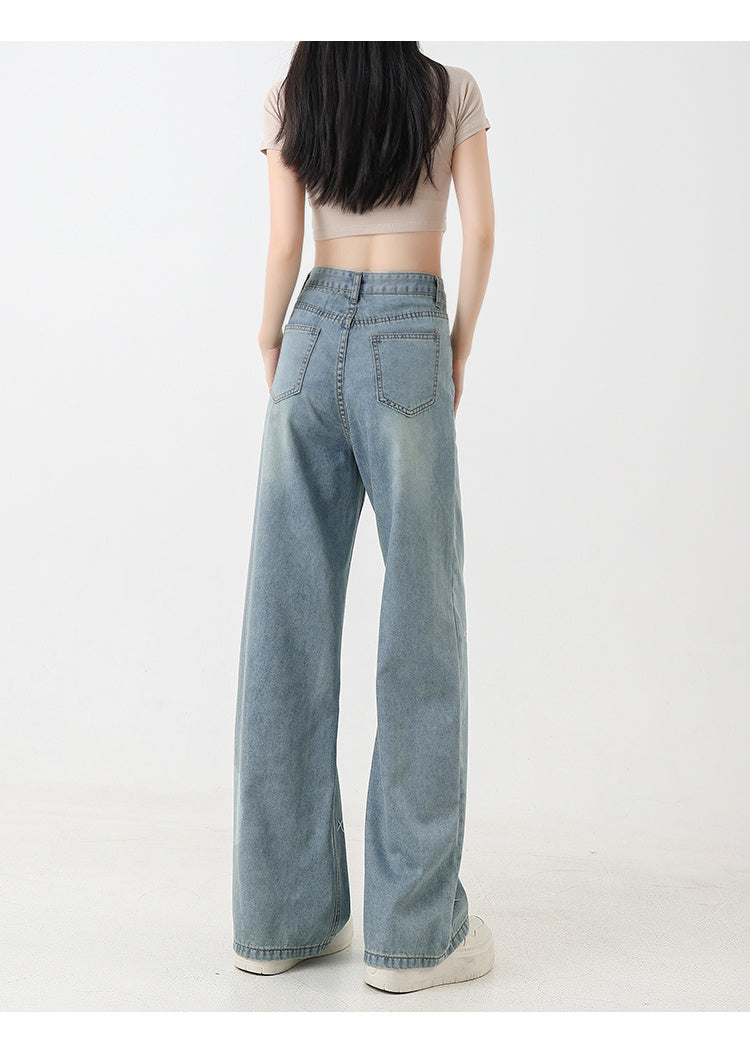 Jeans de perna larga bordados tencel para mulheres