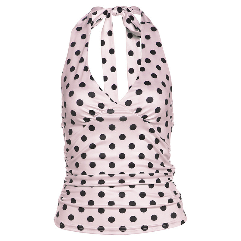 Sexy Black Polka-Dot Printed All-Match Backless V-Neck Halter Neck Bodycon Tank Top