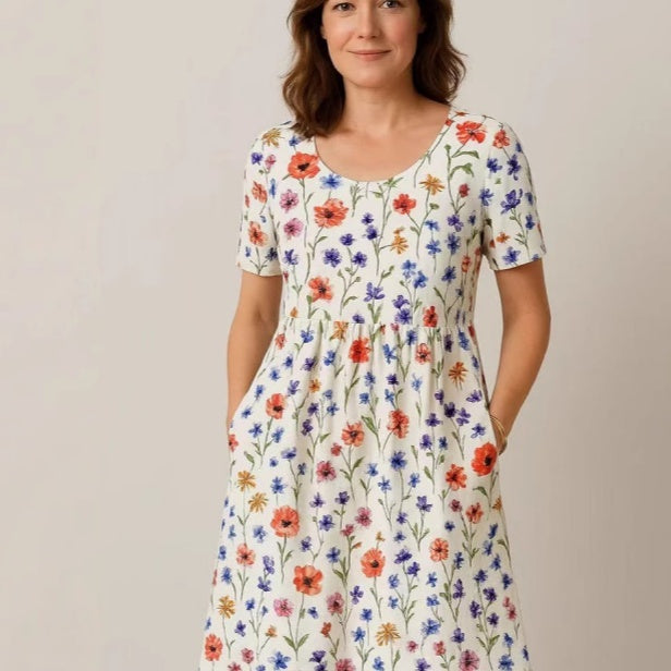 Casual T-Shirt Dress with Round Neck, Pockets, and Stitch Detailing