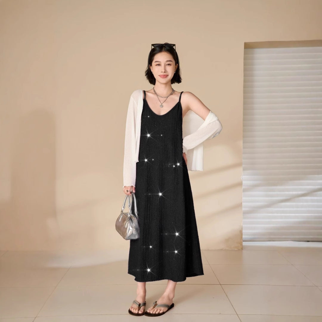 Sequin Pleated Cami Dress with Elegant Temperament Silhouette
