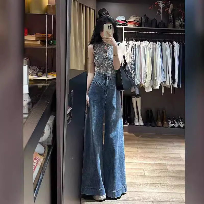 Jeans de pierna ancha hasta piso azul retro con drapeas