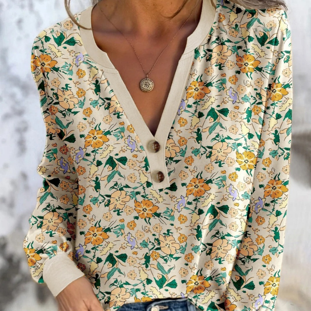 Khaki Floral Print Button Notched V Neck Long Sleeve Top