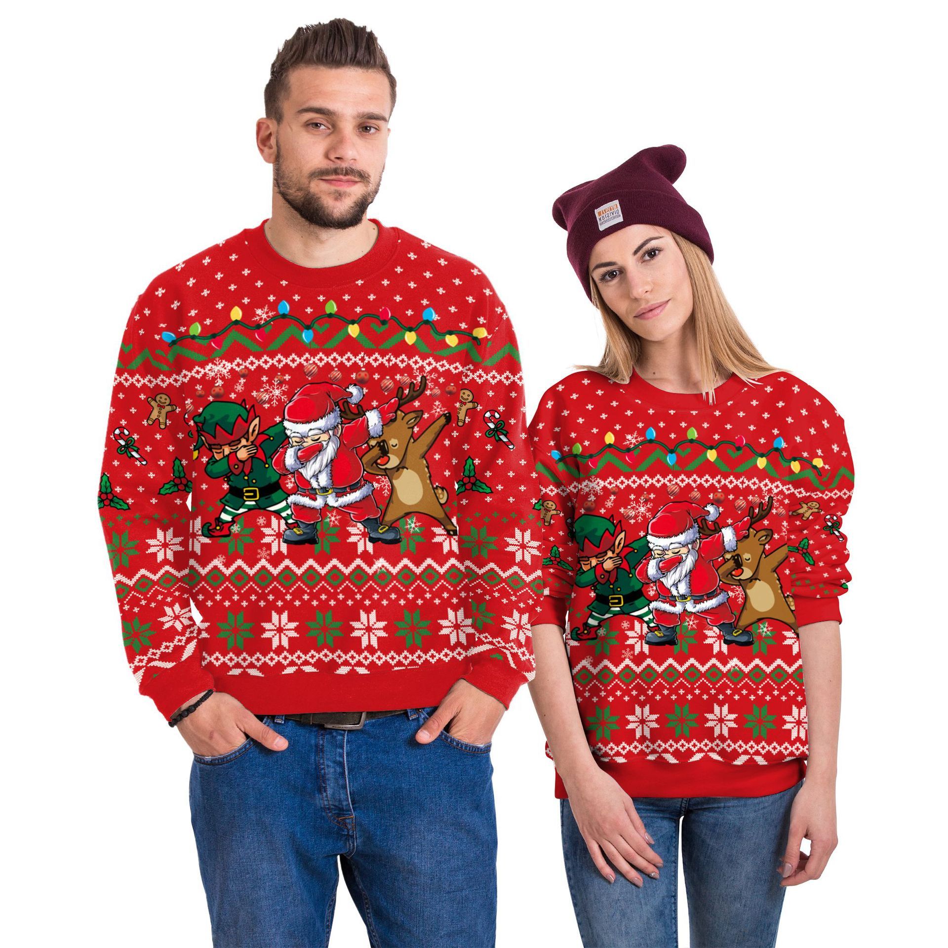 Funny Christmas Party Sweater with Reindeer, Elf and Santa Dabbing