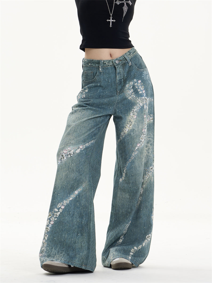 Jeans leg lebar bowknot cetak dengan twist feminin