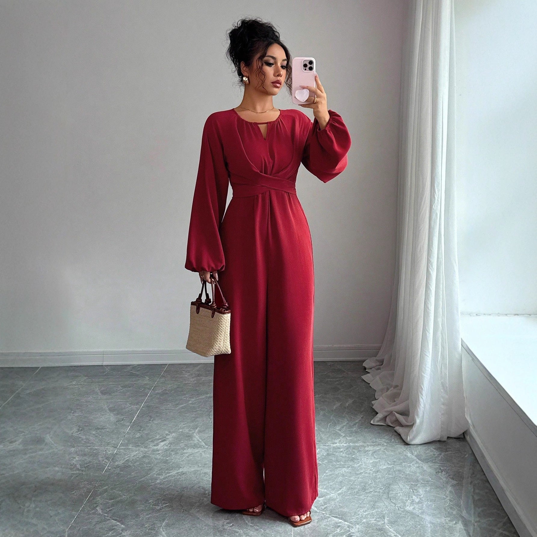 Women's Solid-Colored Jumpsuit With Puffed Sleeves, Square Neck And Wide Legs