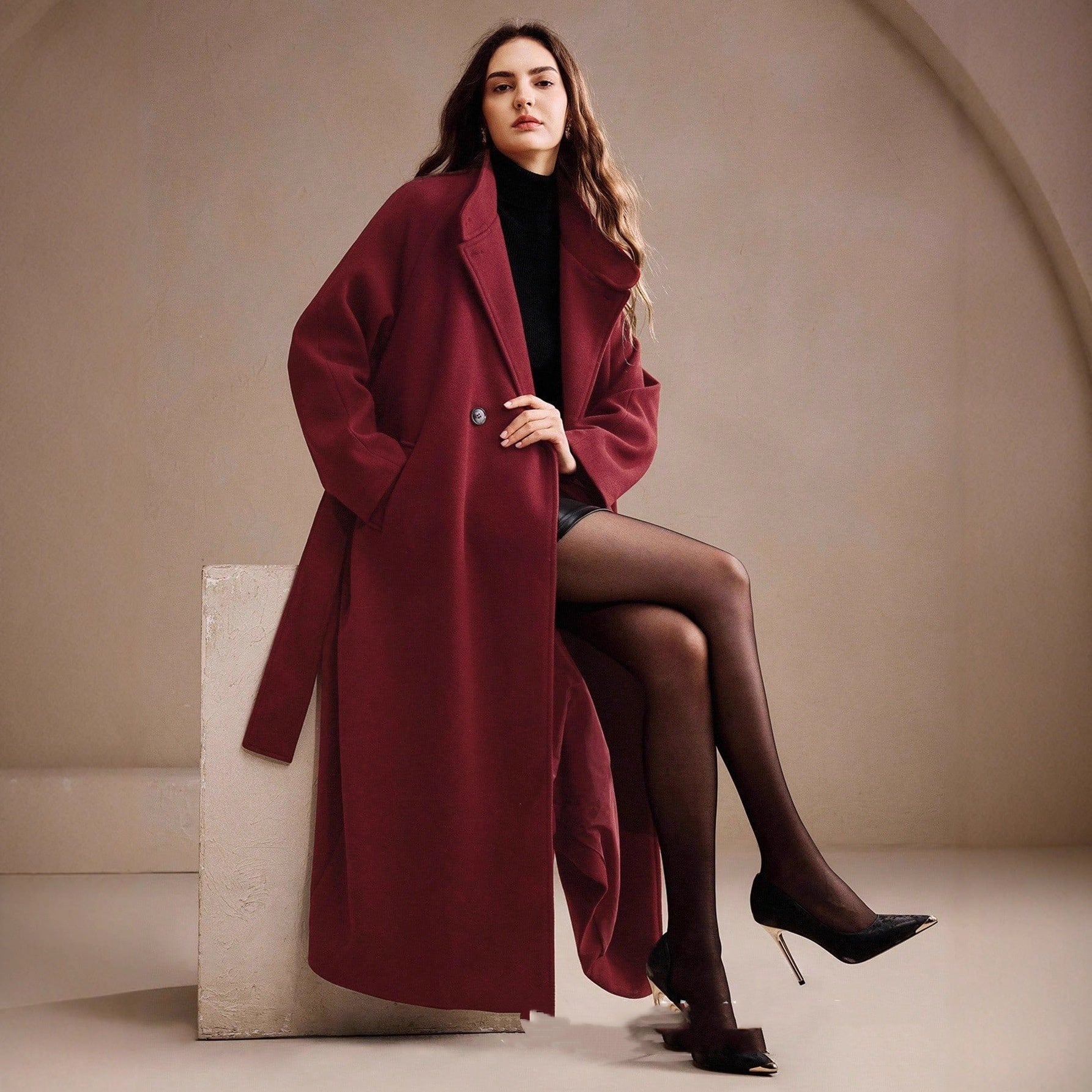 Women's Double-breasted Long Wool Coat With Suit Collar
