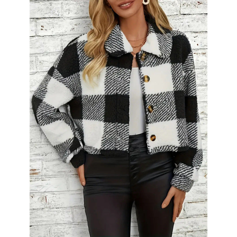 Plaid Plush Button Cardigan Coat For Women Warm
