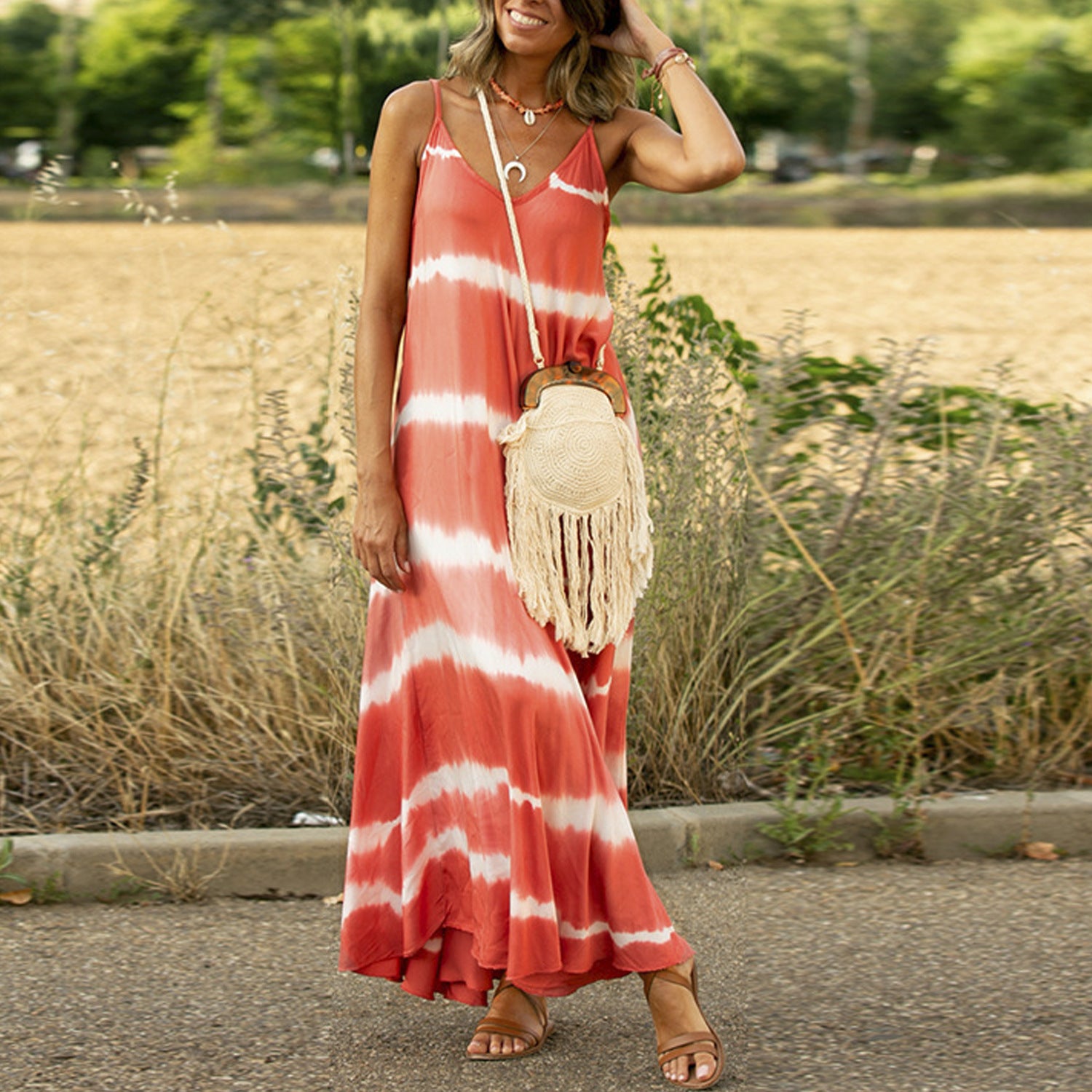 Spaghetti Strap V-Neck Loose Fitting Tie-Dye Maxi Skirt