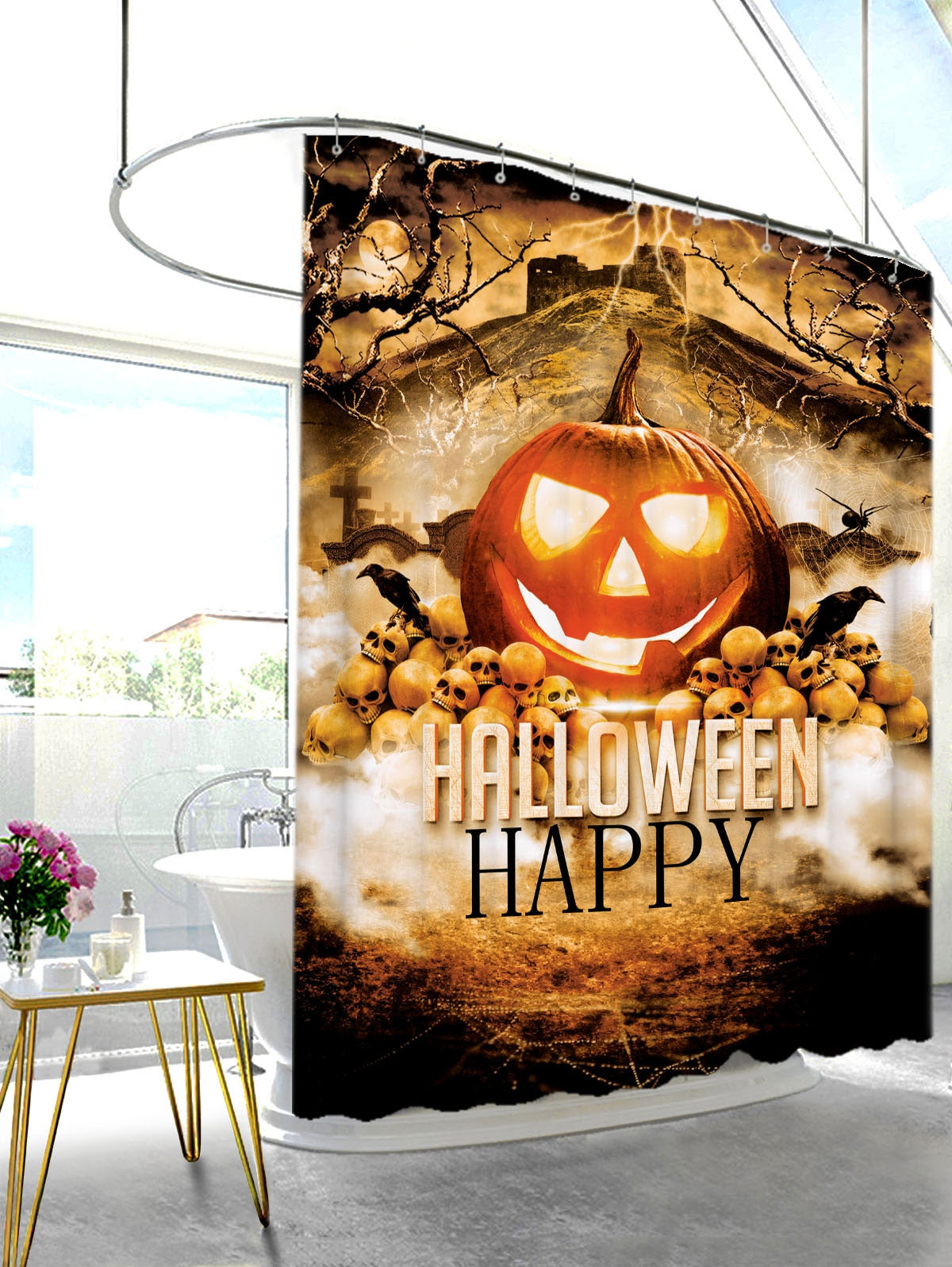 Happy Halloween Pumpkin Skull Shower Curtain