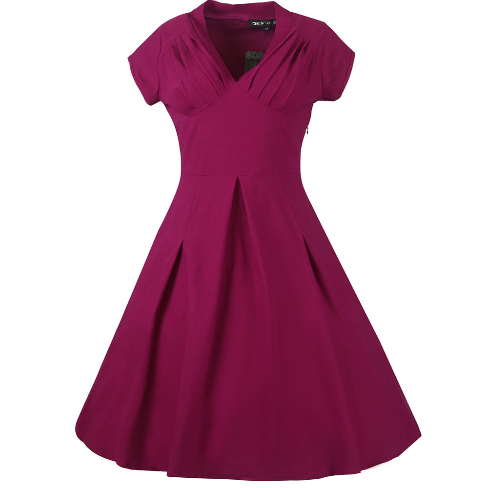 Pleated Plunging Cap-Sleeve A-Line Dress