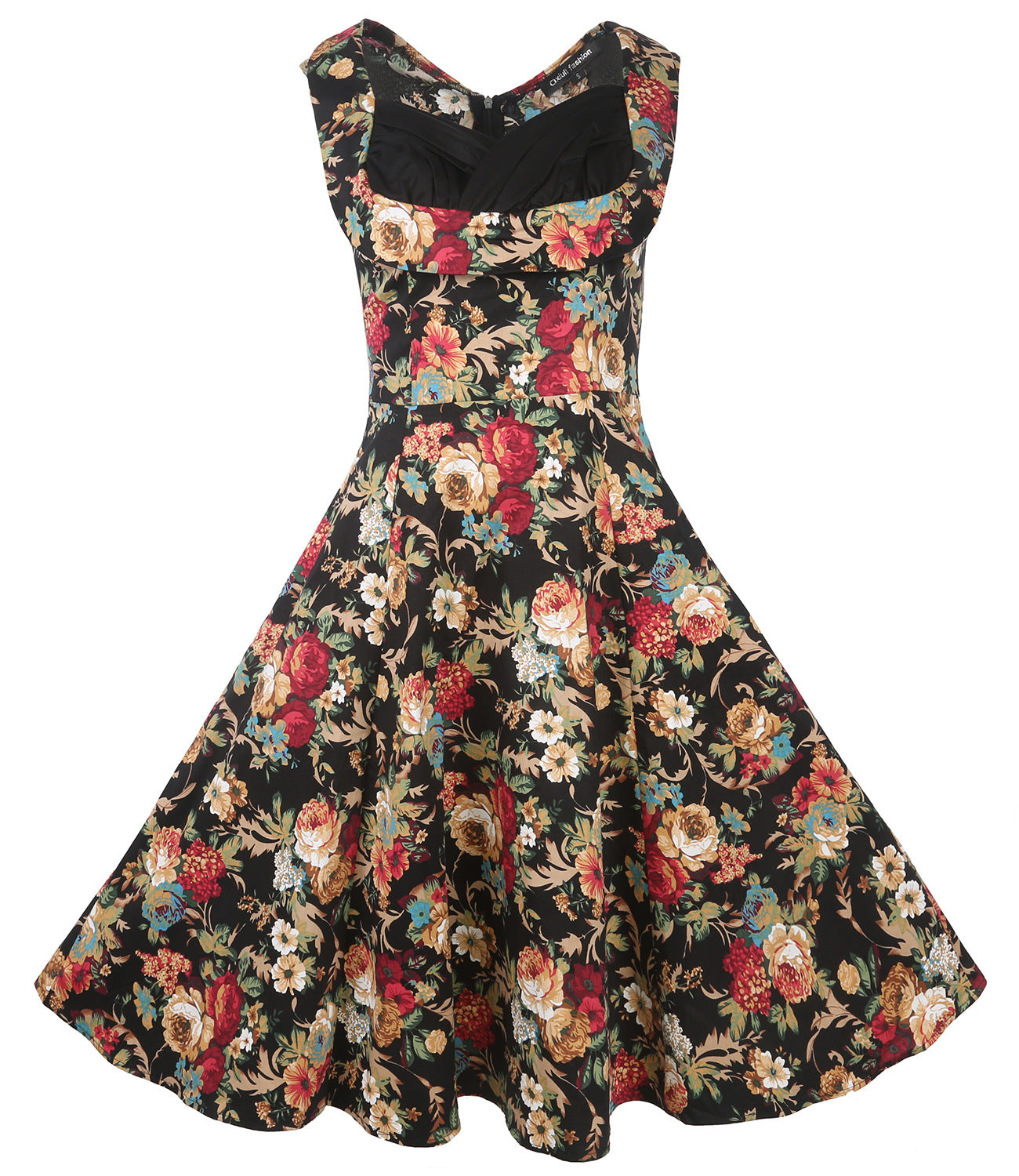 Floral Contrast Pleated Bodice Dress