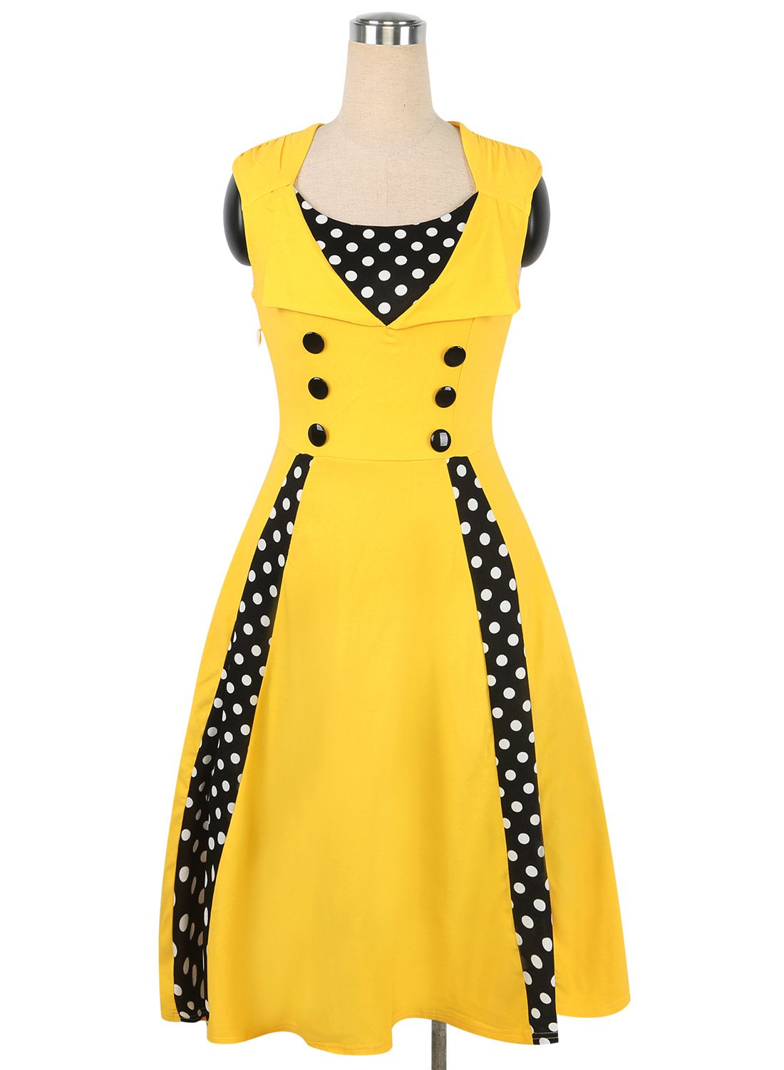 Polka Dot Contrast Button-Accent Sleeveless Dress