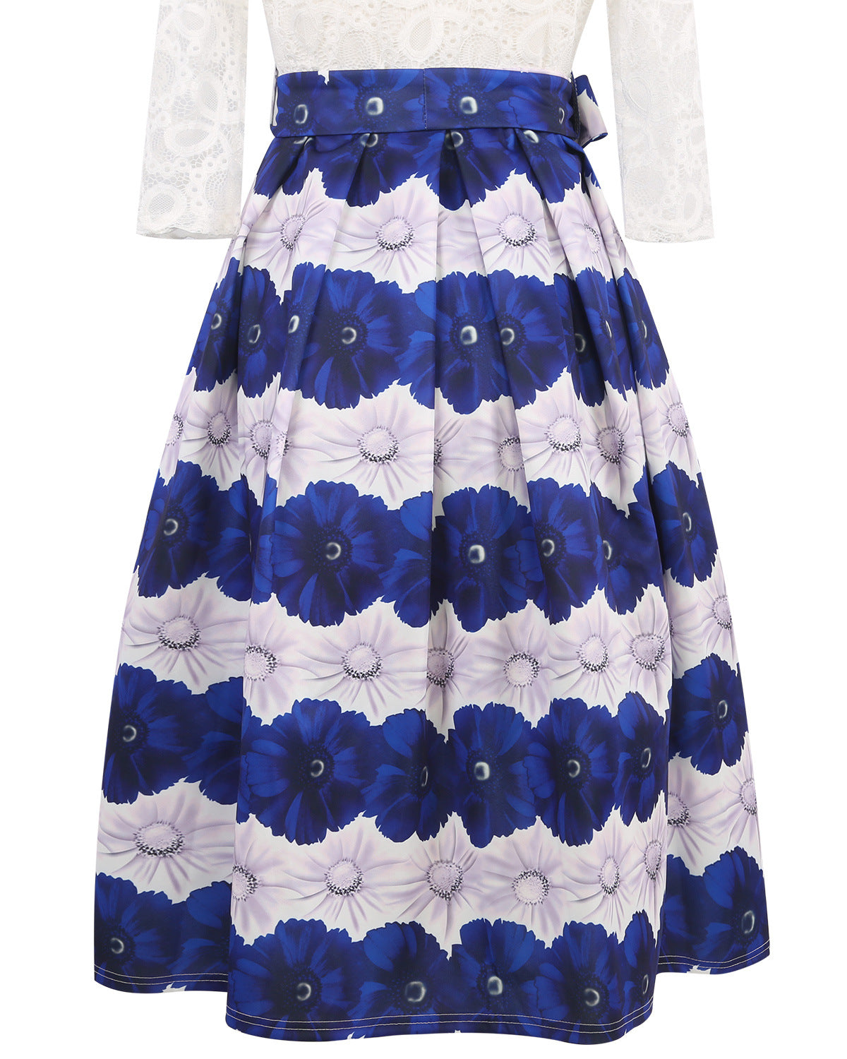 White & Blue Lace Bodice Belted Dress