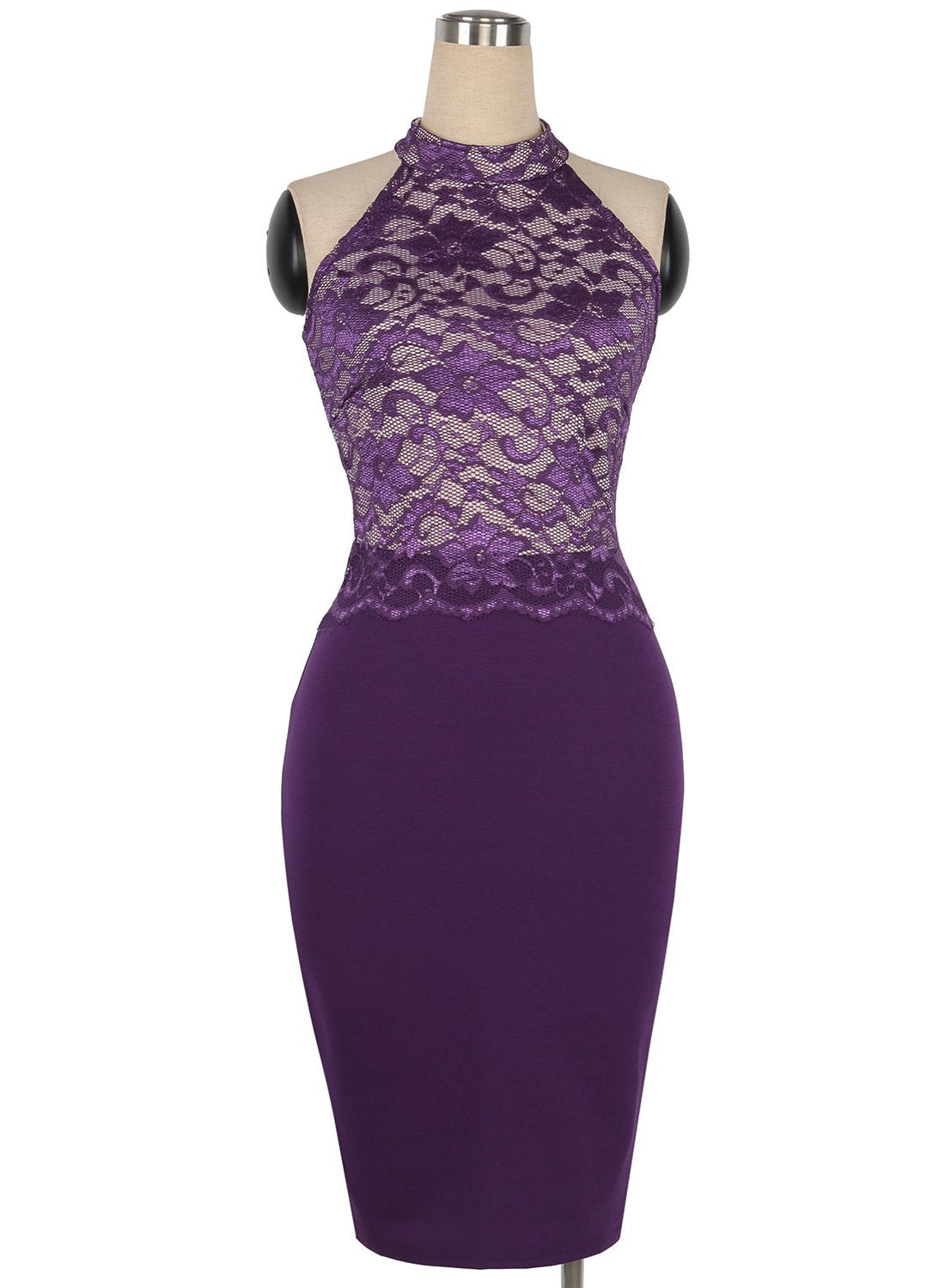 Lace Bodice Fitted Halter Dress