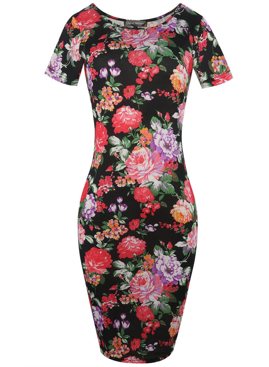 Vestido tubo floral de manga corta con escote redondo