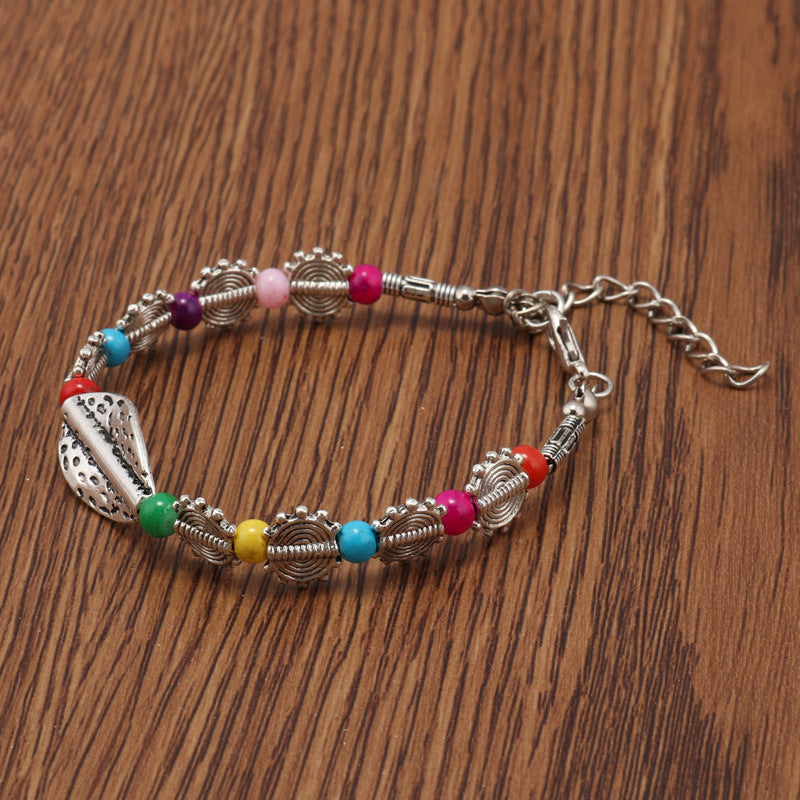 Leaf Charm Multicolored Bead Bracelet