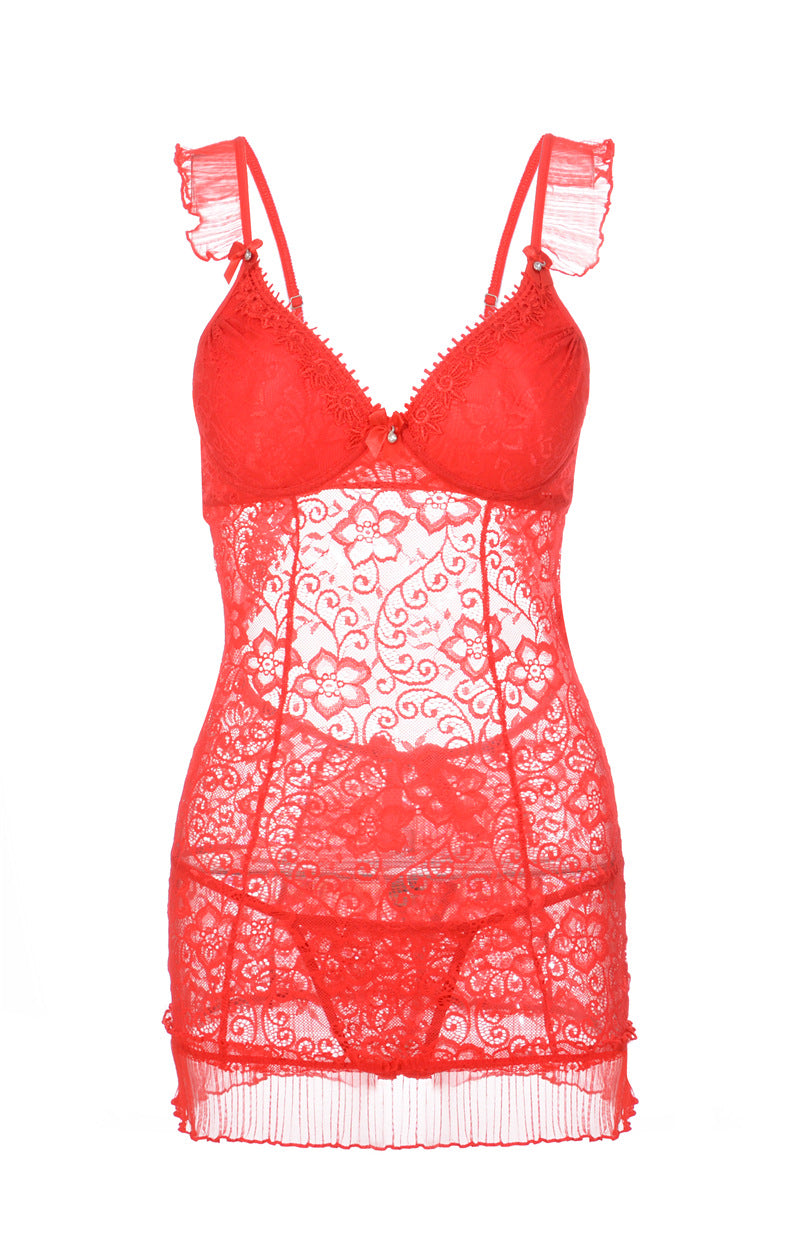 Gaun slip lingerie renda bunga