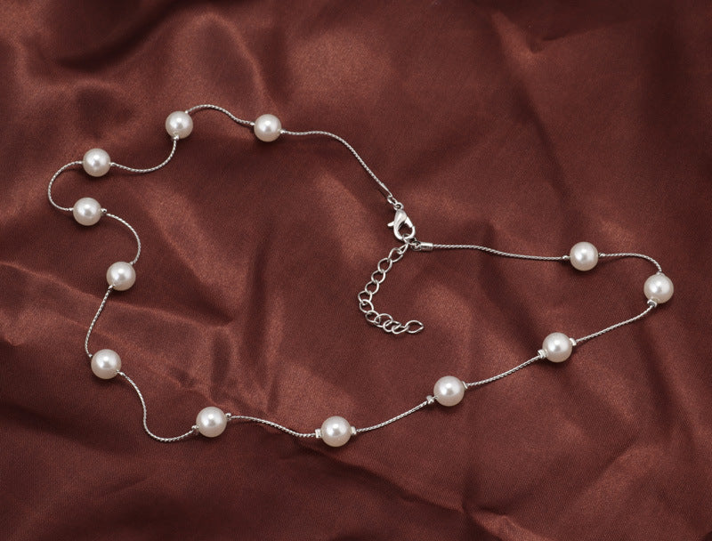 Spaced Pearl Silver Chain Necklace