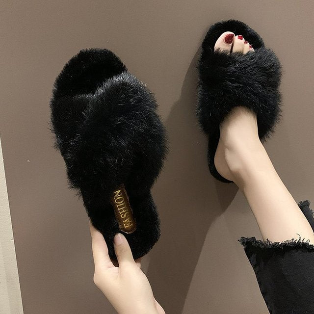 Fuzzy fur crisse kriskros slipperschoenen