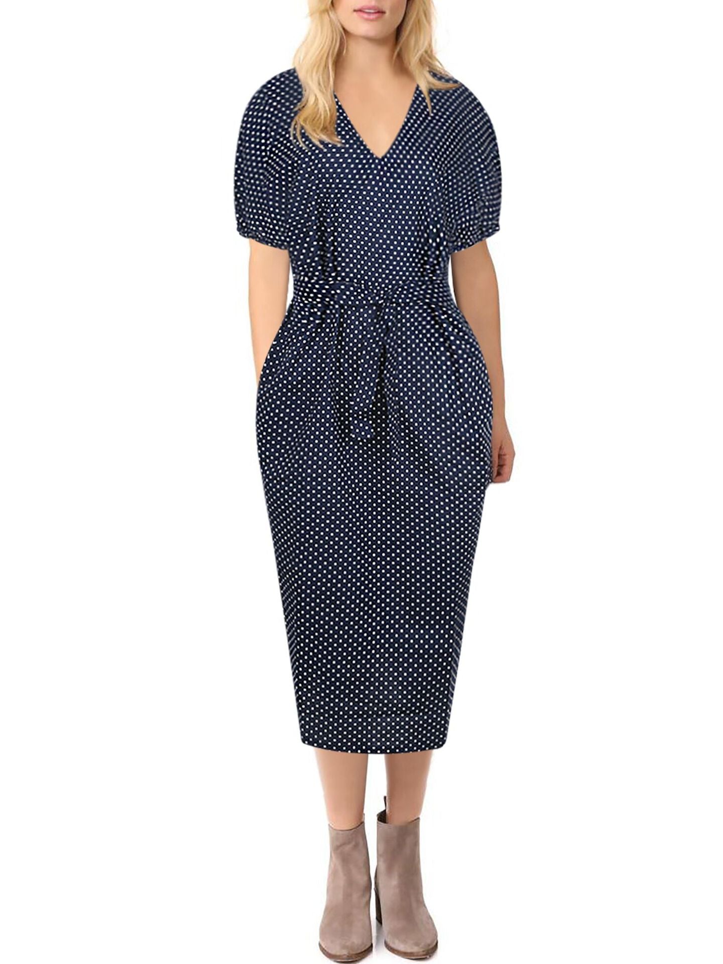 Navy & White Polka Dot Belted Dress