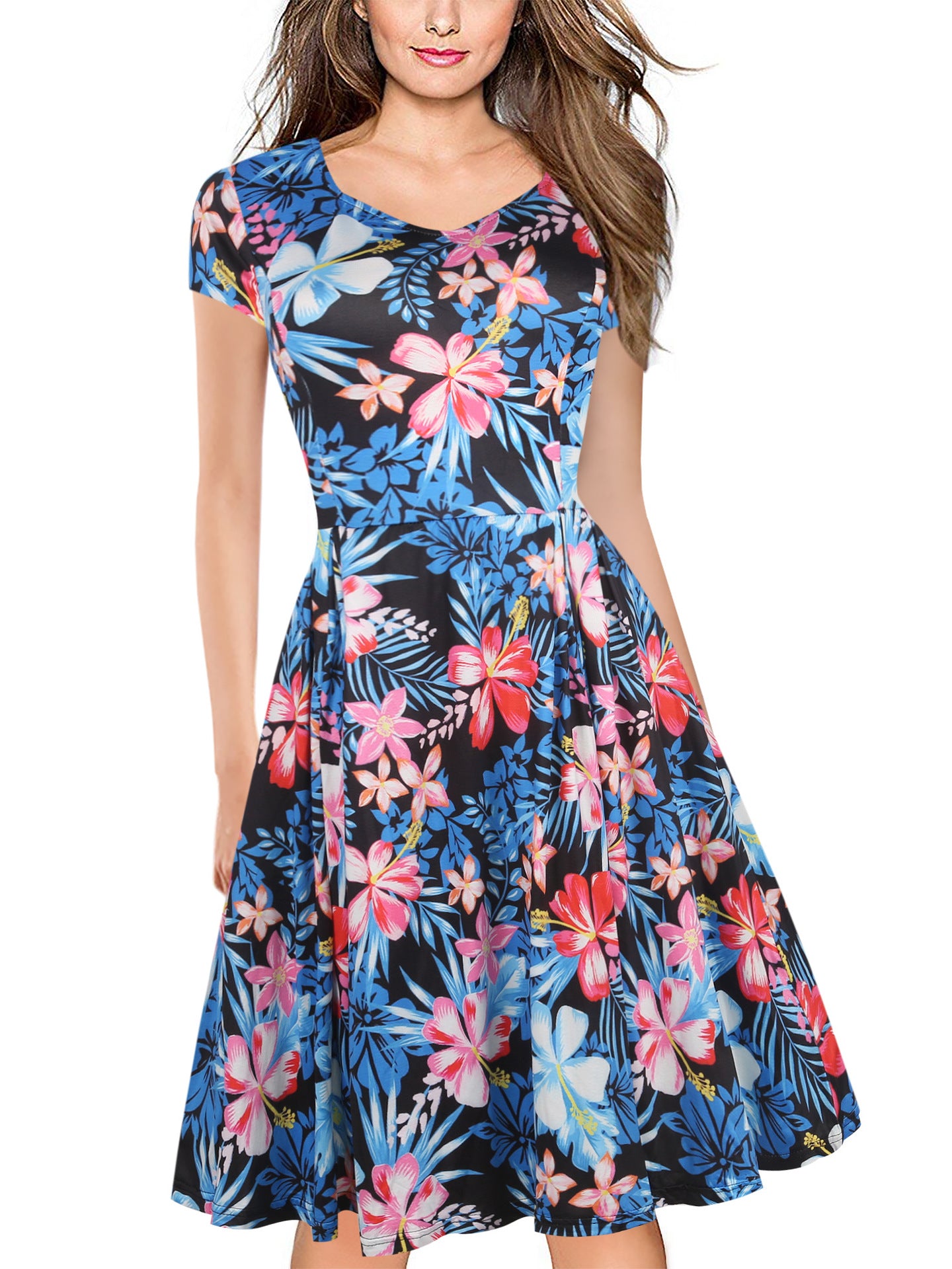 Floral Cap-Sleeve Sweetheart A-Line Dress